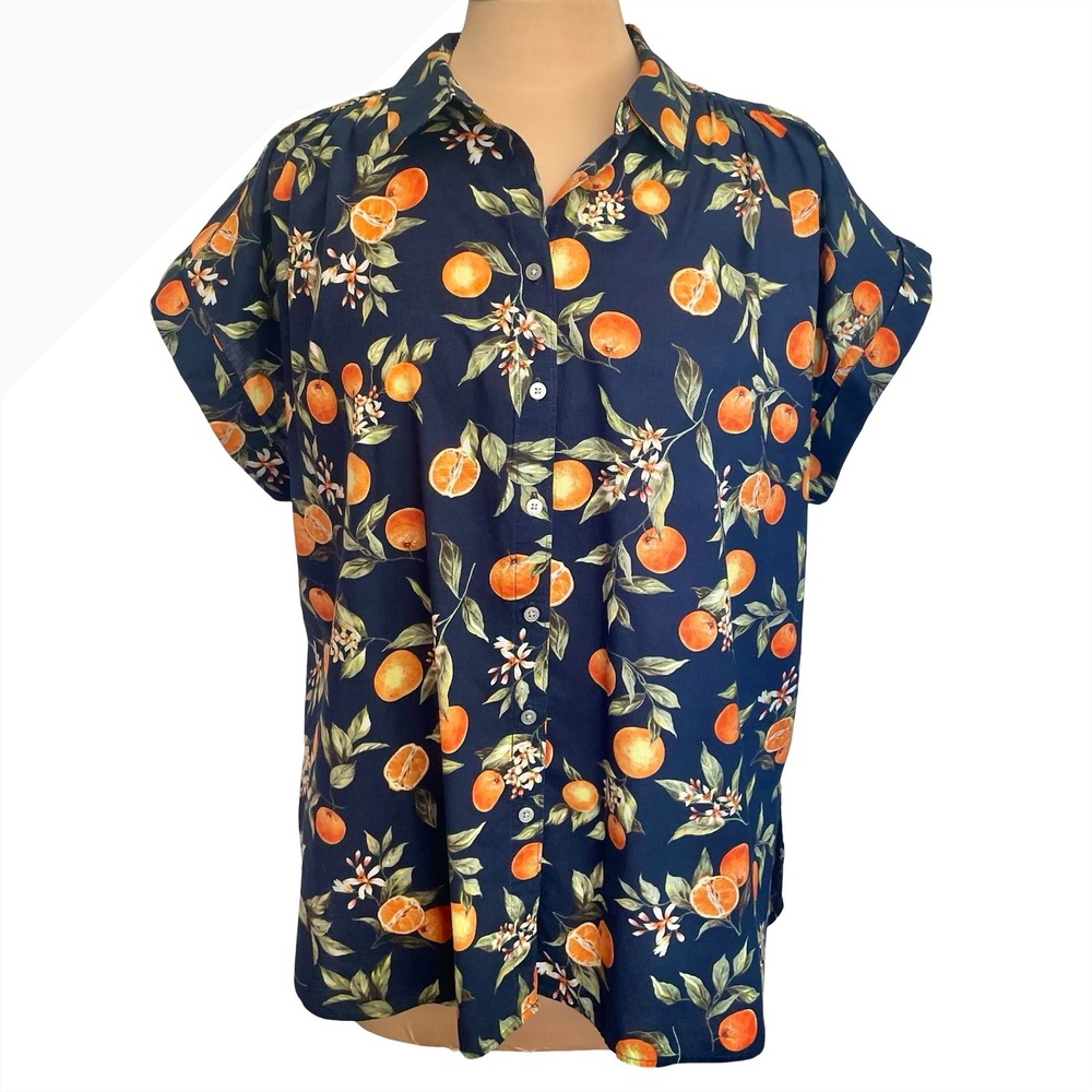 LOFT Navy Blue Orange Citrus Print Button Down Shirt Sz XL Short Sleeves Summer
